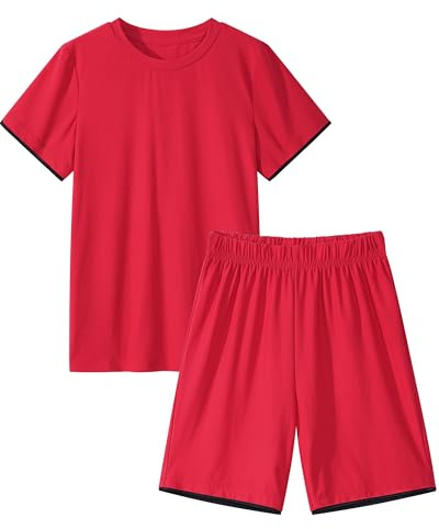 Somaibo Ragazzi T-shirt Ragazzi Shorts Set Bambini Maglia Allentata Athletic Outfit Set Manica Corta e Pantaloncini Set di Abbigliamento, Rosso, 13-14 Anni