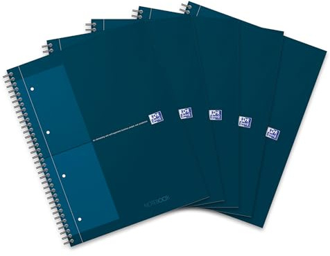 Oxford International Notebook A4, liniert, Collegeblock mit Hardcover, 160 gelochte Seiten, petrol, 5 Stück
