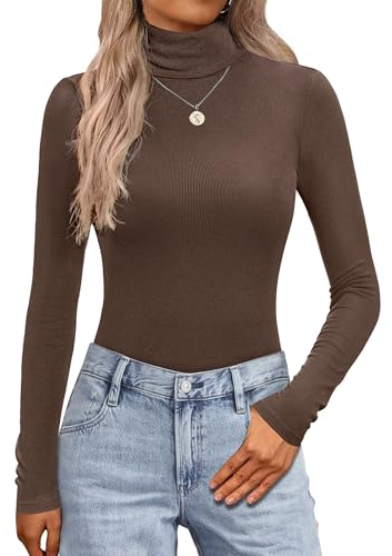 Zeagoo Turtle Neck Tops for Women Ladies Jumpers Long Sleeve Ribbed Thermal Womens Fall Fitted Top Slim Fit Winter Stretch Stand-up Collar Brown M