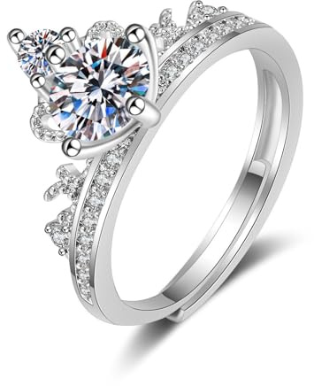 Tolldek Bague solitaire en or blanc 585 14 carats - Moissanite - Couronne - 14 carats - Bague de mariage en or véritable - Tailles 47 à 65, Or blanc 14 carats (585), Moissanite