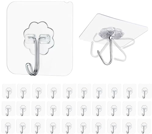 Maykafay Ganchos Adhesivos Para Pared, 30 Piezas Colgador Adhesivo de 10 Kg (Máx.), Colgadores Adhesivos Resistentes Transparentes Para Cocina, Colgar, Pared, Puerta, Colgador Toalla Baño Adhesivo