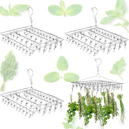 Oungy 4 Pcs Hanging Herb Drying Rack with 50 Clips Stainless Steel Swivel Wind-Proof Hook Clothes Hanger Dryer for Drying Herb Air Plants Spices Flower Hydroponic Plant
