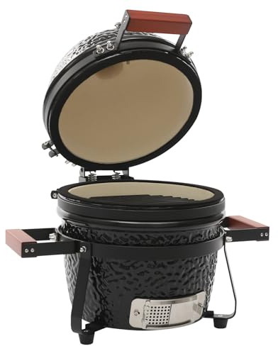 Parrilla de cerámica Kamado, 32 cm, barbacoa de carbón vegetal con termómetro y asas de madera, parrilla de cerámica redonda, barbacoa de carbón vegetal para camping, barbacoa, pícnic