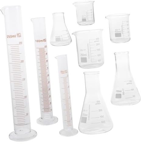 Ciieeo 9pcs Scientific Glassware Lab with Graduated Beakers Measuring Cylinders and Conical Flasks Scale for Accurate Measurement Heavy Duty Borosilicate Glass Chemical Resistant