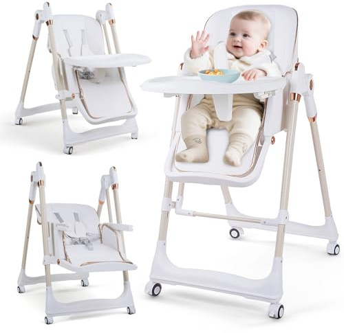 Plasaig Kinderhochstuhl 2 in 1 Babywippe Babyschaukel 5 Höhenstufen, 3 Neigungspositionen, 4 Tablettpositionen, kompakt faltbar, multifunktional, für 6 Monate bis 4 Jahre, bis 25 kg (Weiß)