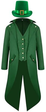 cultofmoon Abrigo verde steampunk vintage para hombre, disfraz del Día de San Patricio, desfile, chaqueta de frack, sombrero, hombre irlandés, cosplay, traje de cilindro
