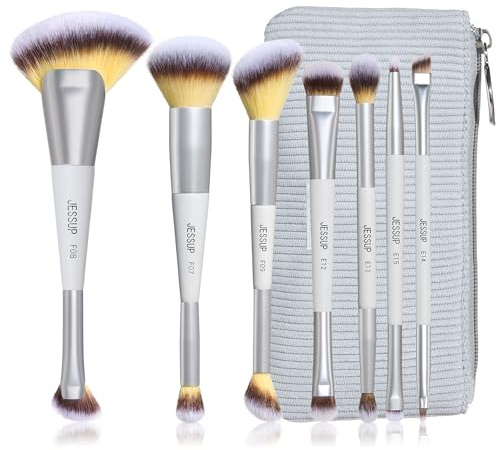 Jessup Pennnelli Make Up Set 7 pennelli trucco a doppia estremità con borsa, sintetici premium pennelli fondotinta contorno fard illuminante sfumatura ombretto correttore grigio silenzioso T520