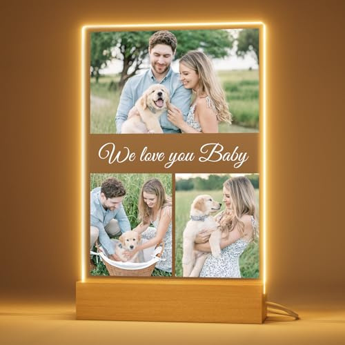 Personalised Photo Frame with Photo & Text | Custom Acrylic Plaque with LED Base | Personalised Gifts for Couple, Mum, Dad, Anniversary, Wedding & Christmas | 3 Photos