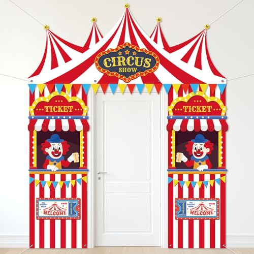 3Pcs Carnival Circus Tent Porch Banner Decorations Circus Party Awning Hanging Banner Red White Striped Photo Props Welcome Door Decor for Clown Party Birthday Baby Shower Classroom Supplies