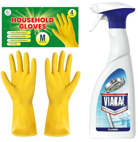 Limescale Remover Spray 500ml, 4 Household Gloves Medium | Reusable Latex Grip Gloves, Household, Complete Bathroom Descaler Kit, Heavy Duty Hard Water Cleaner for Taps & Showers
