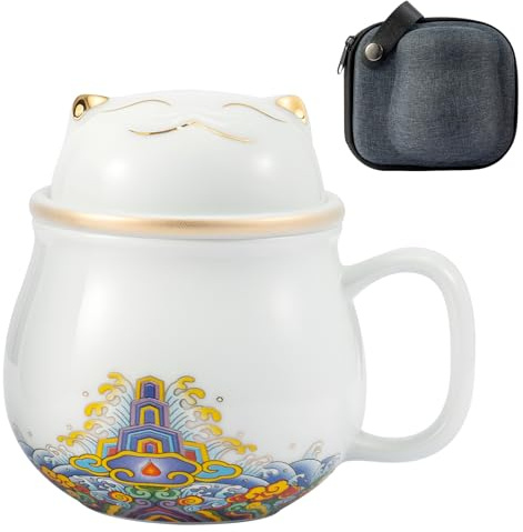 LN Cozy CORNE Portable Lucky Cat Tea Cup Set, Ceramic Teapot with Handle, Lid & Infuser, 4 Colors (Red/White/Blue/Green) with Shockproof Storage Box for Travel, Office, Home, and Gift Giving (White)