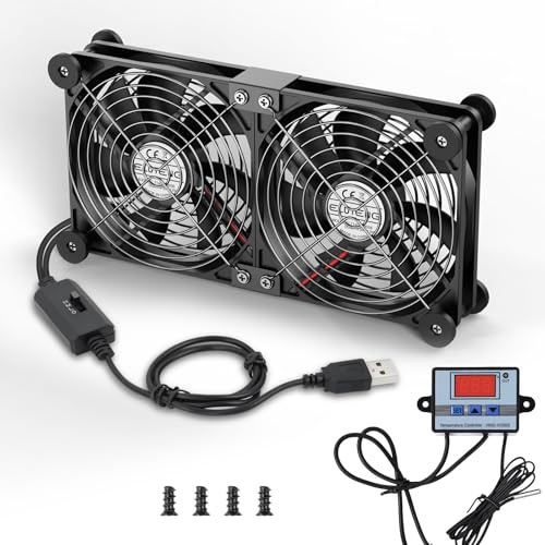 ELUTENG 2-i-1-USB-fläkt, 140 mm, 5 V, dubbel USB-fläkt med 8 dämpningsfötter och digital temperaturregulator, 14 cm PC-fläkt med 3 hastigheter för PS5, PS4, bärbar dator, TV-box, router