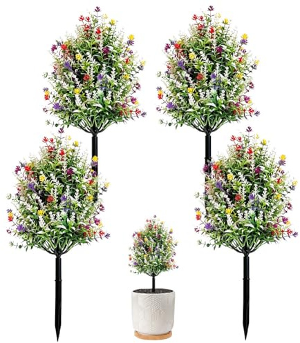 JOYWU 4 Pack Colorful Artificial Outdoor Flowers with Stakes,45cm UV Resistant Faux Multicolored Eucalyptus Flowers with Ground Spikes,Fake Eucalyptus Bushes Shrubs Greenery for Summer Decor (B)