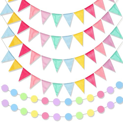 YinnFeen Wimpelkette Outdoor, 6 Stück Bunt Wimpel Girlande, Wimpelkette Jute Wimpelgirlande mit Runde Papier Girlande für Garten Party Hochzeit Geburtstag Festival Dekoration