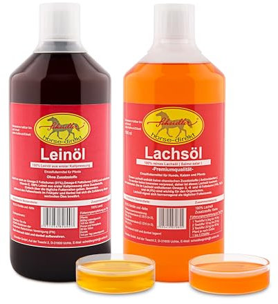 Scheidler horse-direkt Premium Lachsöl & Leinöl je 1 Liter Für Hunde & Katzen - Ohne Zusatz, Fischöl Mit Omega -3 und Omega -6 Fettsäuren, Barf Öl Ergänzung, Leckeres Naturprodukt