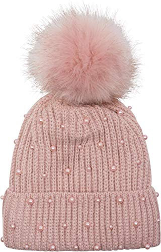 styleBREAKER Damen Strick Bommelmütze mit Perlen und Fleece Futter, warme Winter Fellbommel Mütze, Fake Fur 04024155, Farbe:Altrose