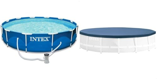 INTEX Piscine à structure métallique avec pompe - 305 x 76 cm bleu 28202GN & Bâche de protection pour Tubulaire ronde Bleu 305 x 305 x 25 cm 28030