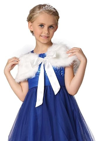 Châle Mariage Enfant Fille Femme Cape Princesse en Fausse Fourrure Mariée Veste Gilet de Baptême Cérémonie Manteau Hiver Chaud Étole Fille de Fleur Boléro Soirée Spectacle Anniversaire Noël