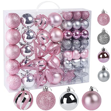 Lot de 60 Boules de Noël, 4cm-6cm Décoration de Paillettes en Rose et Argent, avec étoile, chaîne, boîte, Decoration Noel Sapin pour Créer Une Ambiance de Noël