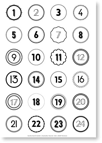 Adventskalender Aufkleber (Zahlen 1-24) - Sticker für Kalender zum selber basteln für Weihnachten - Adventskalenderzahlen Etiketten selbstklebend - Zahlenaufkleber - Nummern für Papiertüten - Rund