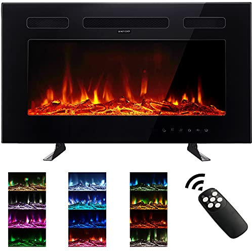 M.C.Haus Camino Elettrico Ultra sottile, Silenzioso, 12 Diverse Fiamme, Montaggio a Parete a Incasso, Touchscreen in Vetro e Telecomando, con Cristallo e Tronco di Legno(76,2cm, Nero)