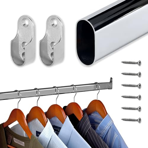 AZERODESIGN - Barra Armario- Barra para Colgar Ropa - 1,5 MT - Ovalada- Incluye Soporte y Tornillos - Acabado Resistente al Desgaste y la Oxidación - Fácilmente Recortable - 80 kg de Resistencia
