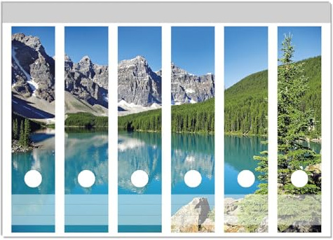 Wallario Ordnerrücken Sticker Tiefblauer See mit Bergpanorama und Wäldern Kanada - Größe 6 Stück, Rückenschilder für 6 breite Ordner, Klebeetiketten