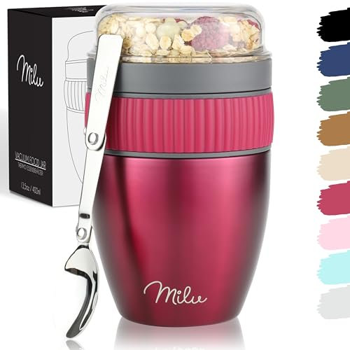 Milu Tazza per il muesli 400ml I tazza con cucchiaio I Acciaio inossidabile Impermeabile e isolato I Cup to go yogurt porridge (Bacca)