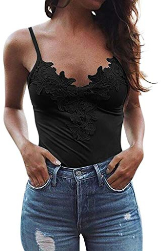 IQYU Top da donna in pizzo elegante con spalline sottili, scollo a V, canottiera da donna, elegante, senza maniche, canotta sexy, Nero , s