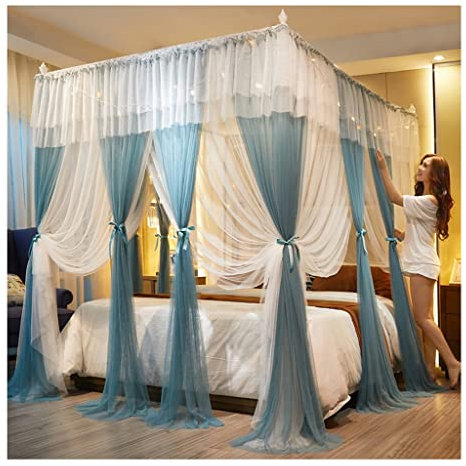 OKUOKA Betthimmel, Betthimmel mit LED-Leuchten, Moskitonetz für 1,5/1,8/2 m Bett, mit Edelstahlhalterung (Größe: 200 x 220 x 200 cm)