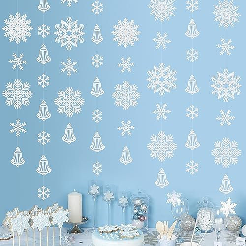 40Fuß Schneeflocken-Partydekoration Weiße Glockengirlande Glitzerndes Weißes Papier Große Hängende Luftschlange für Winterwunderland Weihnachten Urlaub Geburtstag Zuhause Fenster Wand Raumdekoration