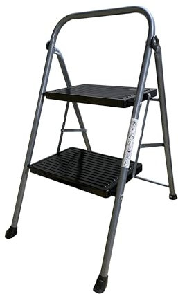 Escalera Plegable de Metal Domestica Color Gris Oscuro, Taburete Plegable peldaño Extra Ancho y con Apoyabrazos Carga hasta 150 KG (2 peldaños)