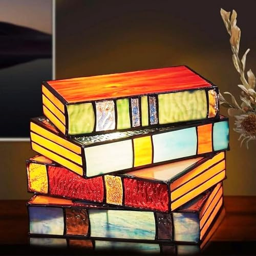 Rehenbsem Stained Resin Stacked Books Lamp, Stained Stacked Books Lamp,Reading Book Lighting Vintage Table Lamp for Nightstand Desk Book Lamps, Night Light for Home Decor
