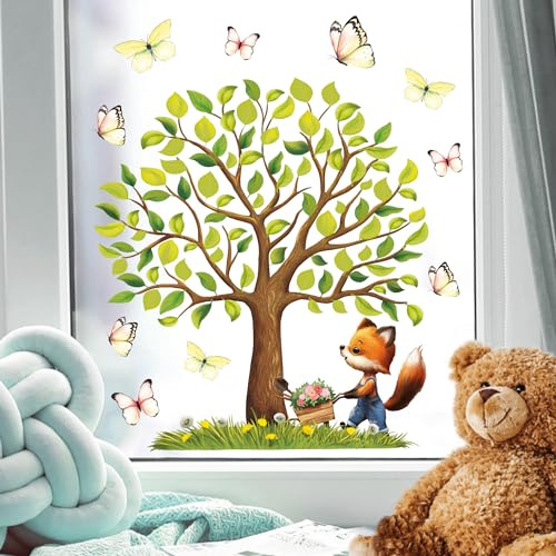 Fensterbild Frühling Ostern Baum Fuchs Schmetterlinge Schubkarre Fensterdeko Kinderzimmer Kind, 1. A4 Bogen