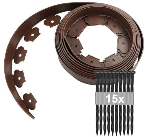 Bordura per Giardino 5m × 5cm, Bordatura per Aiuole con 15 Picchetti, Bordo per Aiuole Giardino Plastica, Bordatura Flessibile per Prato, Bordatura per Paesaggio Resistente Alle Intemperie (Bruno)