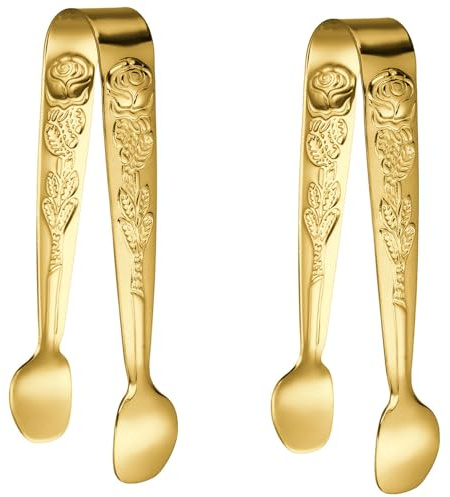 2 Pcs Ice Tongs, 4.1 Inch Gold Figure Stainless Steel Sugar Cube Tongs for Bar, Desserts, Tea, Coffee Party and Appetizers (2, gold)