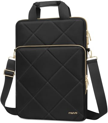 MOSISO Vertikale Laptoptasche 13,3 Zoll, 13-14 Zoll Laptop Schultertasche | Kompatibel mit MacBook, HP Dell Lenovo Asus Notebook, Rautensteppung Umhängetasche mit Fronttasche&Griff&Gürtel, Schwarz