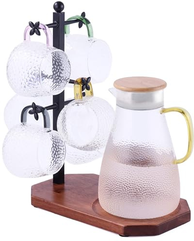 Tassenhalter für Große Tassen, Tassenständer mit Halter für Kaffeekanne, Tassenbaum mit 6 Haken & Holzablage, Kaffeebar Zubehör & Küchenorganizer
