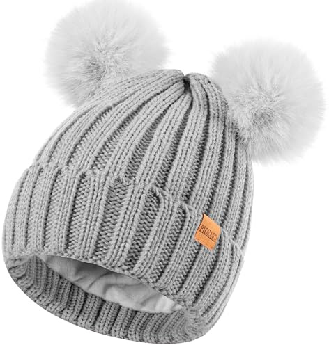 Women's Winter Warm Knit Beanie with Faux Fur Pom Skull Cap Cozy Fleece Lined Hat for Women Grey