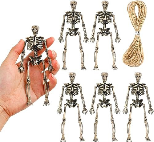 DIELIANHUA 8Pcs Mini Skelett Deko,Skelett Deko,Nostalgisches Retro Kleines Skelett Deko,Skelett Halloween Deko,3 Meter Hanfseil, Geeignet für Halloween-Partys und Spukhaus-Requisiten