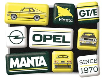 Nostalgic-Art Retro Kühlschrank-Magnete, 9 Stück, Opel – Manta – Geschenk-Idee für Opel-Zubehör Fans, Original Lizenzprodukt (OLP), Magnetset für Magnettafel, Vintage Design | Original Opel Lizenzprodukt (OLP), Magnetset für Magnettafel, Vintage Design, Geschenk-Idee für Opel-Fans
