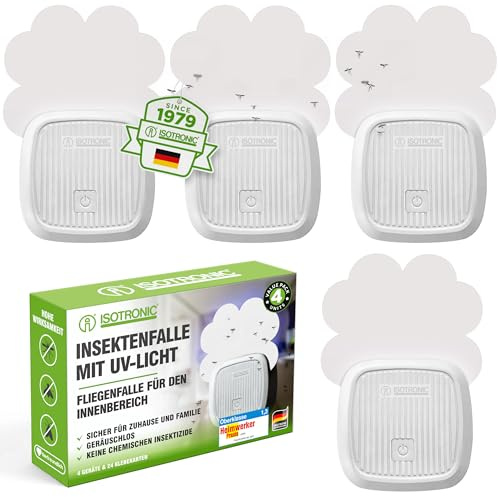 ISOTRONIC Mückenstecker gegen Mücken, Fliegen & Motten – effektiver Mückenschutz mit UV-Licht & Klebefolien – lautloser Gelsenstecker für Innen – Mückenfalle mit 20m² Wirkungsbereich (4 Stück)