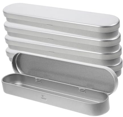 OFFSCH 5pcs Metal Pencil Case Box Set Made of Sturdy Tinplate with Protection and Spacious Design, Sleek Silver Pen Holders for School the Go