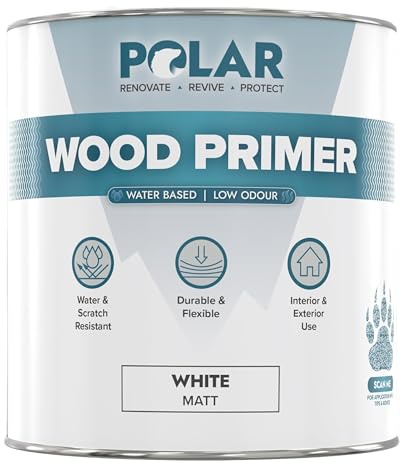 Polar Wood Primer White, 1 Litre - Strong Adhesion, UV Resistant, Prevents Cracking, Water-Based - Interior & Exterior Surfaces - Fast Drying - Dry in 1-2 Hours