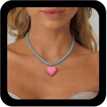 Xduargs Boho Pink Heart Pendant Necklace Pink Puffy Heart Choker Necklace Vintage Blue Crystal Beads Necklace Adjustable Glass Beaded Strand Necklace Jewelry for Women