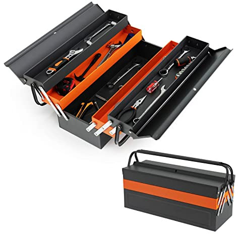 5-Tray Cantilever Tool Box, 22” Portable Metal Tool Chest Cabinet W/Large Space & Full Length Handle, Steel Toolbox for Household, Workshop, Warehouse