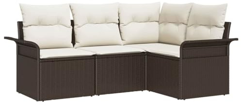 vidaXL 4-teiliges Garten-Sofa-Set mit Kissen in Braun aus Poly Rattan – Modulares Sitzmöbel für die Terrasse, wetterfest, ideal für die Lounge im Garten