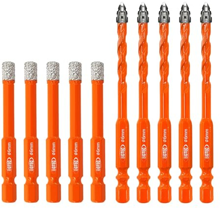BGTEC Trapano dentato a quattro taglienti 10 pezzi - 6MM*5 Punta Trapano Legno & 6MM*5 Punte Dimantate per legno, plastica, mattoni, piastrelle, vetro, calcestruzzo e marmo