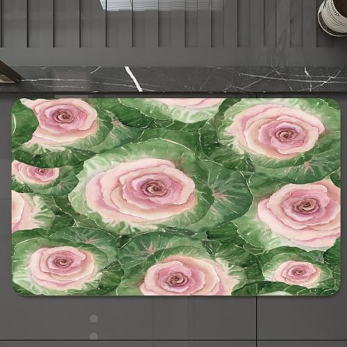 EMCLKS Alfombra Baño Antideslizante 60x90 cm,Patrón de Pintura de Acuarela con Hermosa Col rizada o repollo Ornamental,Alfombrilla Absorbente, Alfombras Lavable a Máquina con Microfibras Suaves