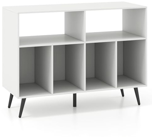 GIANTEX Soporte para Tocadiscos con 6 Compartimentos Abiertos, Estantería para Discos de Vinilo con 5 Patas de Apoyo, 100 x 40 x 74,5 cm, Mueble de Almacenamiento para Salón, Dormitorio (Blanco)